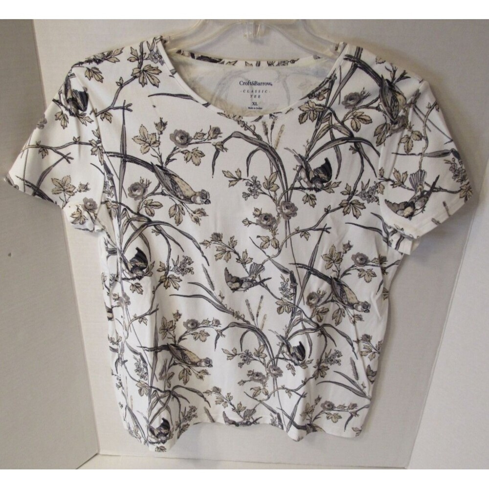 Croft & Barrow XL White Brown Gray Bird Short Sleeve Tee Shirt Womens Crew Neck